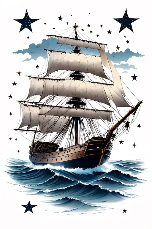 Clipper Ship Sailing Through The Sea Under The Stars