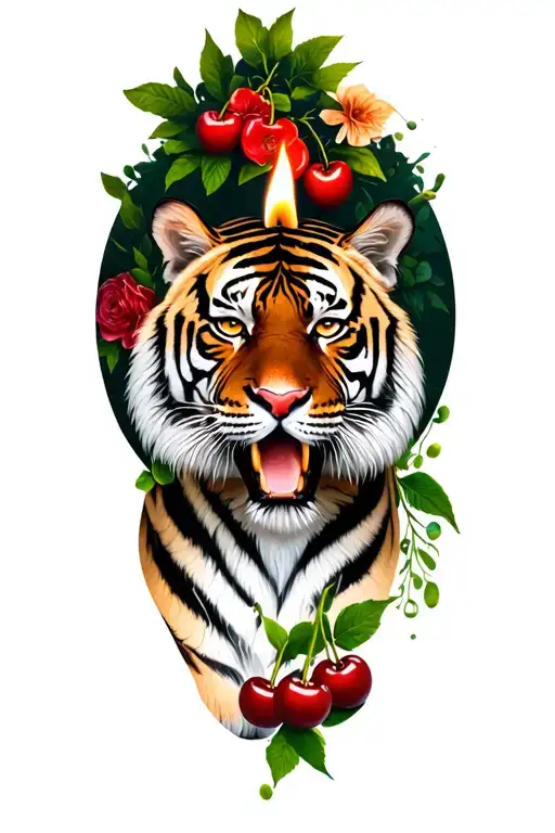 Candle Burning And A Tiger And Floral Background And Cherries