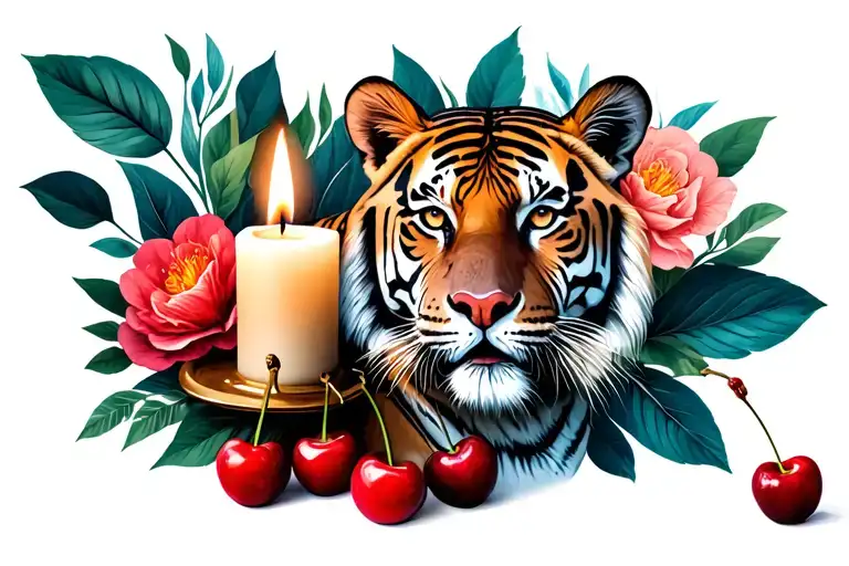 Candle Burning And A Tiger And Floral Background And Cherries