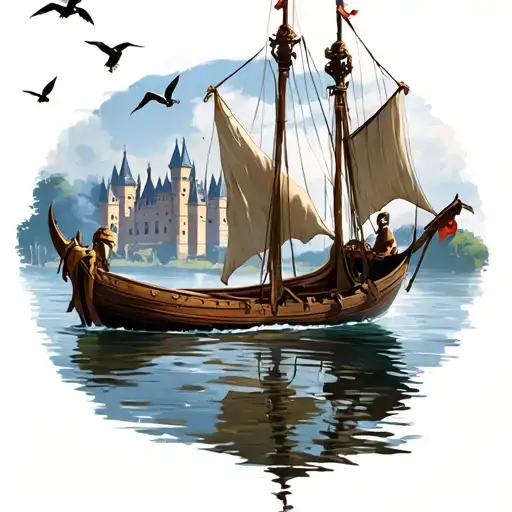 A Medieval Boat Like A Sloop On Water With A Castle In The Background And Birds Above