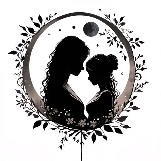 Moon Shining With Mother And Daughter Silhouette Intertwined