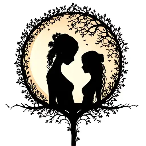 Moon Shining With Mother And Daughter Silhouette Formed From Tree Of Life