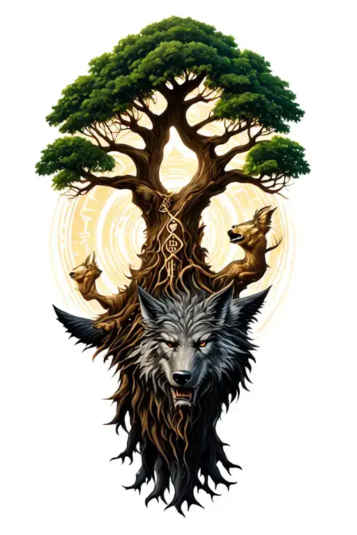 Yggdrasil Tree With Fenrir And Nordic Runes