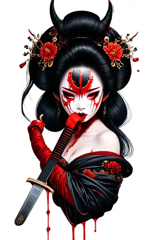 Geisha With Broken Oni Mask Licking Blood Off Of Katana