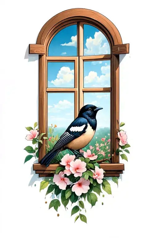 Magpie By An Open Window Incorporating Elements