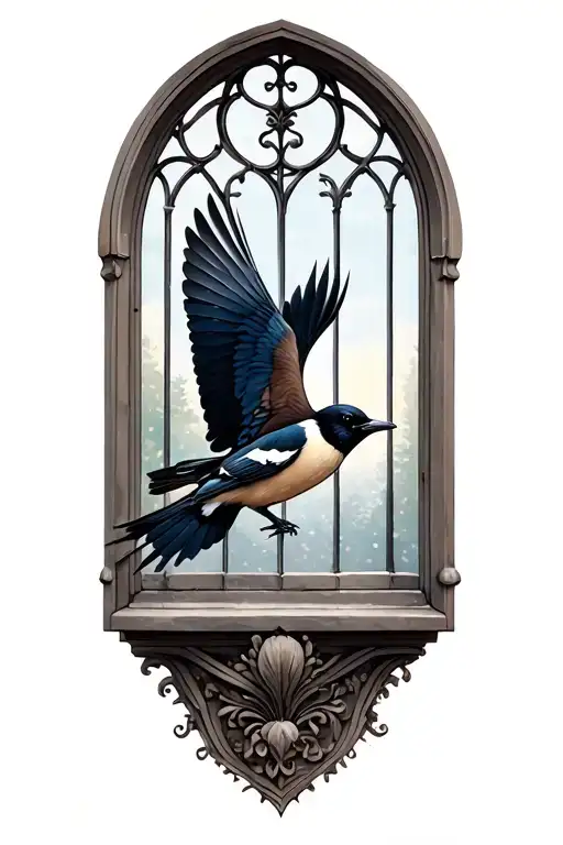 Magpie Flying Out A Gothic Window Design