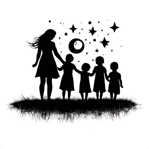 Silhouette Of Mother And Children Holding Hands Under Moon And Stars