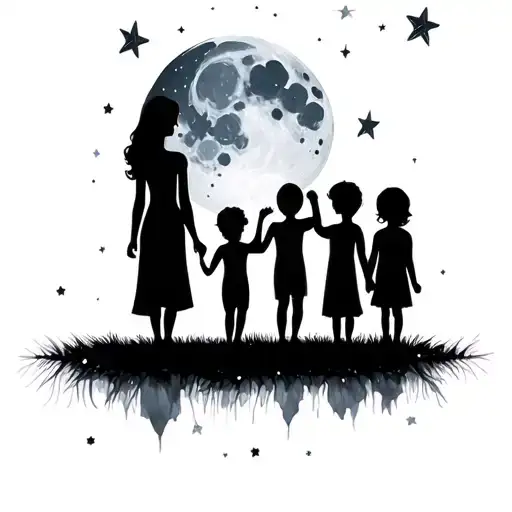 Silhouette Of Mother And Children Holding Hands Under Moon And Stars