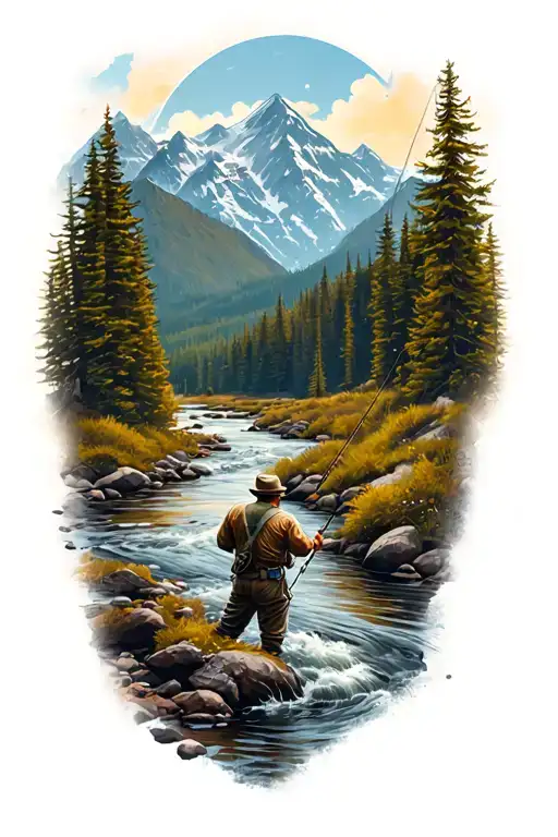 Mountains With A Creek Running With Man Fishing