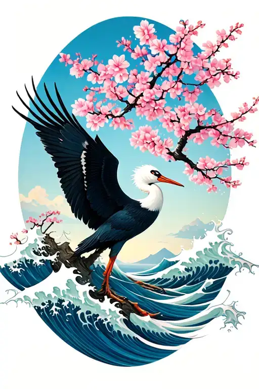 Crane With Cherry Blossom Tree And With Waves Crashing
