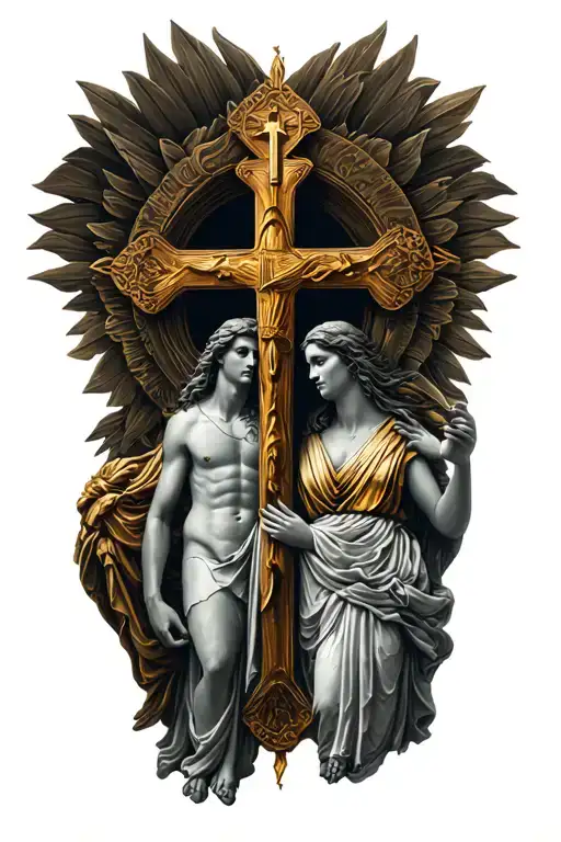 Greek God And Goddess With A Christian Cross