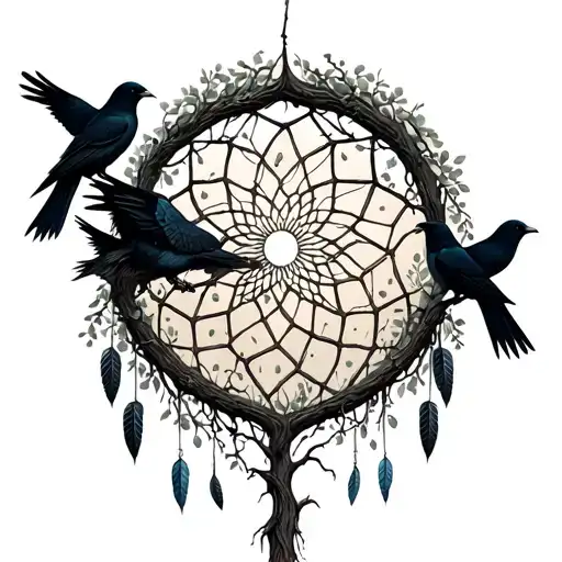 Tree Of Life Half Dead Half Alive With Crows Built Into The Background Of A Dream Catcher