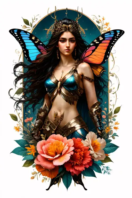 Sagittarius Sign Female Warrior Butterfly Flowers Intertwined