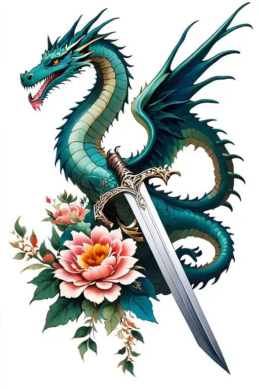 Dragon With Open Wings Sword And War Flower Intertwined