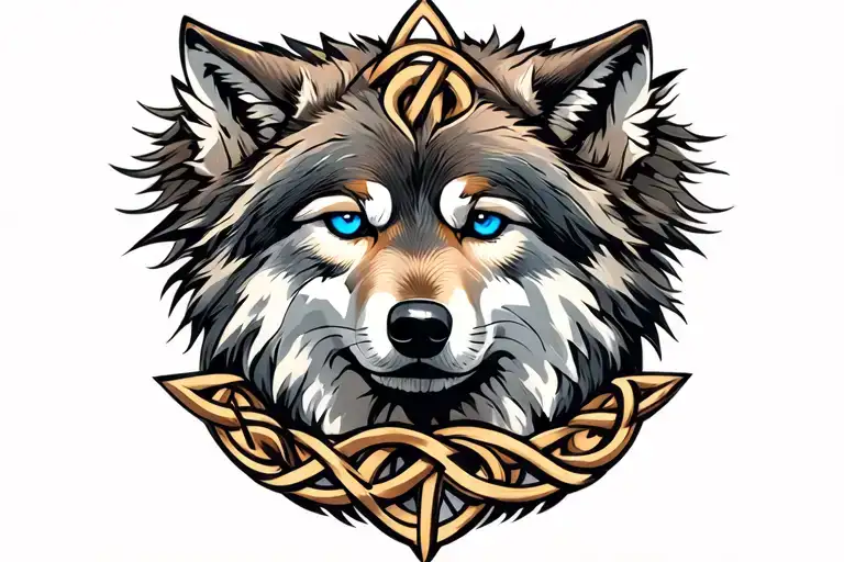 Wolf With Blue Eyes On Armor Tattoo Design Featuring Celtic Trinity Knot