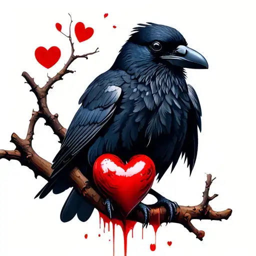 Crow On A Branch That Holds A Heart That Bleeds In Its Beak