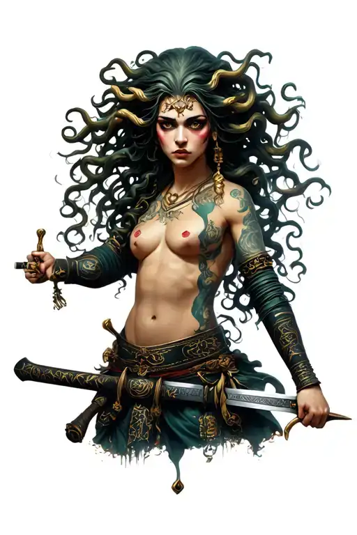 Full Body Medusa Holding A Samurai Sword