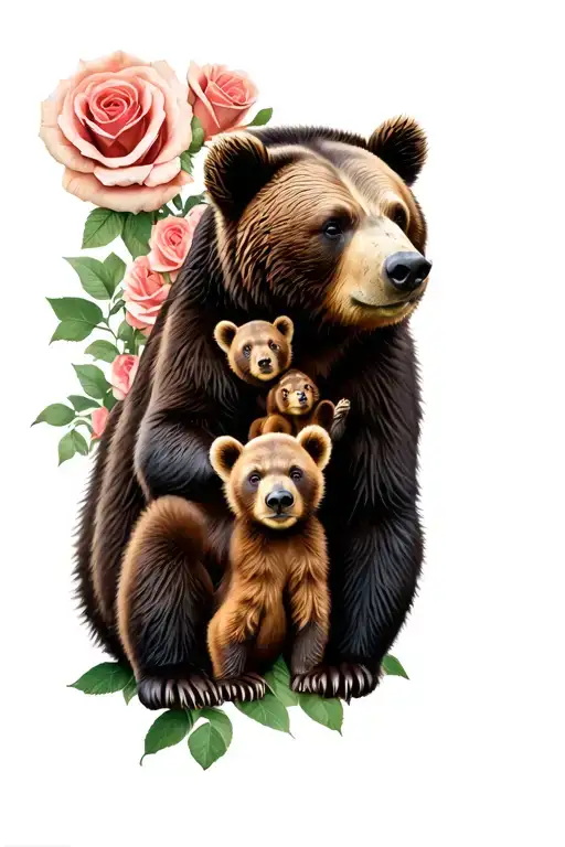 Realistic Protective Mama Bear With Roses And 2 Cubs