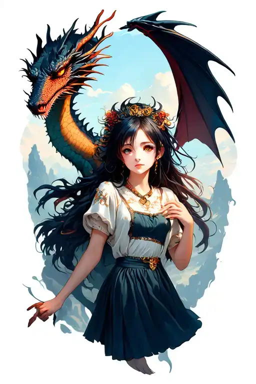 Anime Girl With Dragon Flying