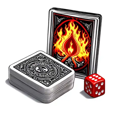 Red And Black Deck Game Cards With 3 Dice Infront And Flames