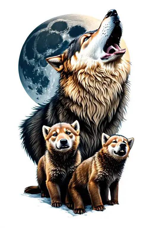 Wolf Howling At The Moon And Three Cubs Playing