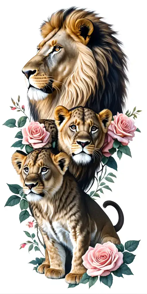 Lion Family Father Looking Over Mother And 2 Cubs Intertwined With Roses