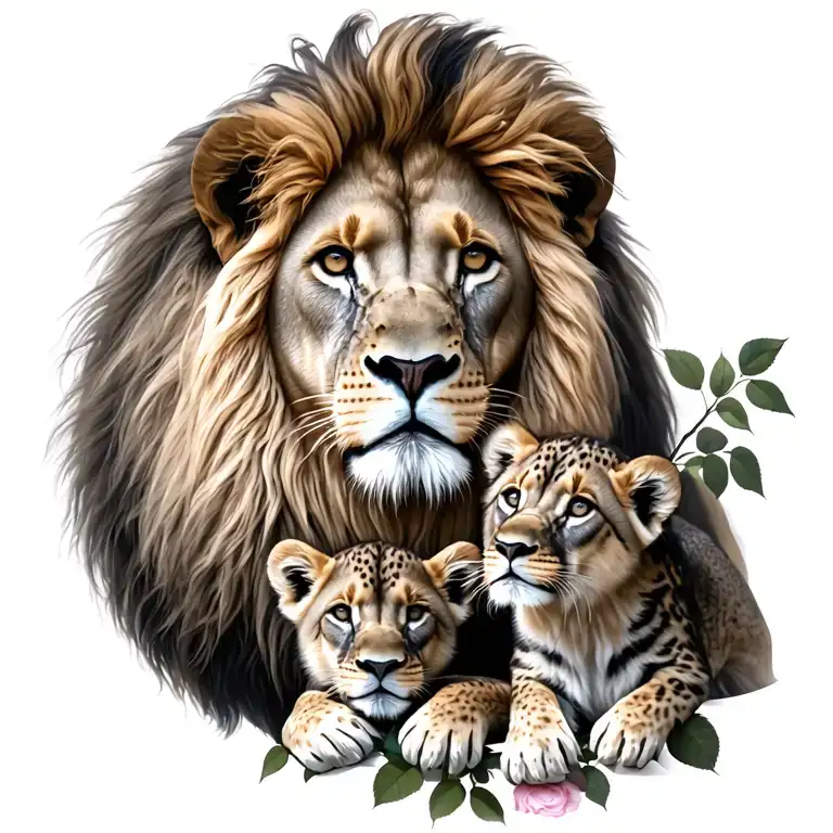 Lion Family Father Looking Over Mother And 2 Cubs Intertwined With Roses