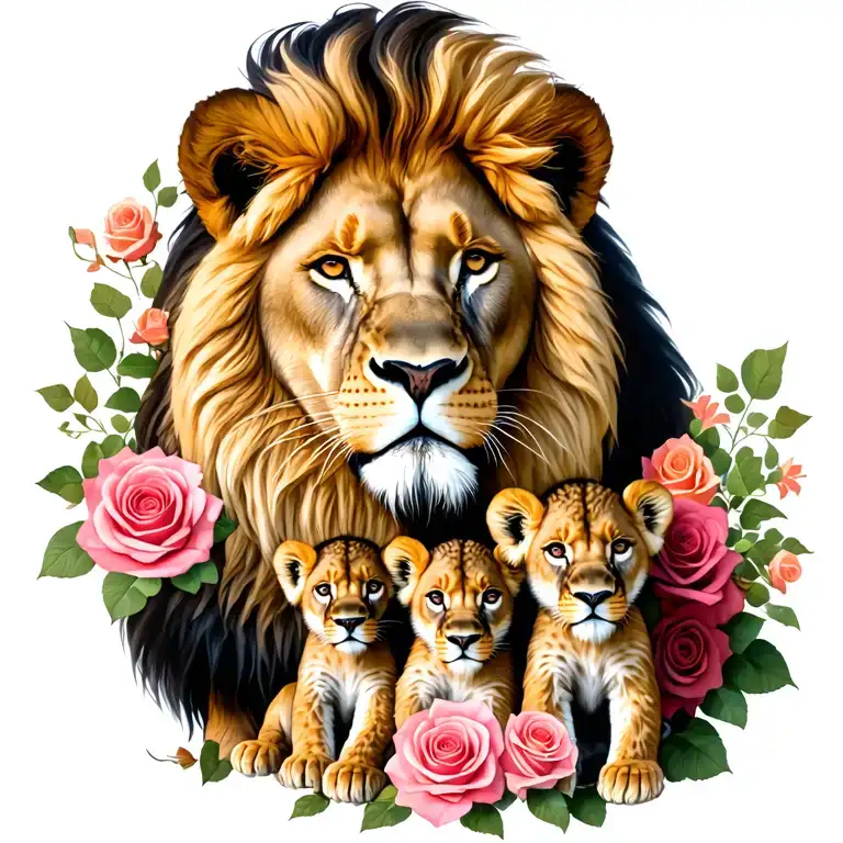 Lion Family Father Looking Over Mother And 2 Cubs Intertwined With Roses