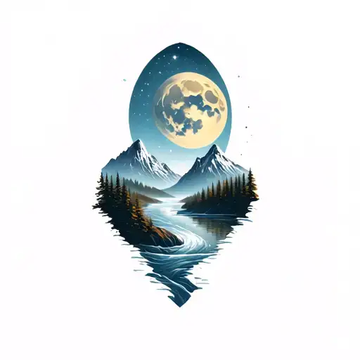 Mountain Range With A Winding River With Big Moon And Stars