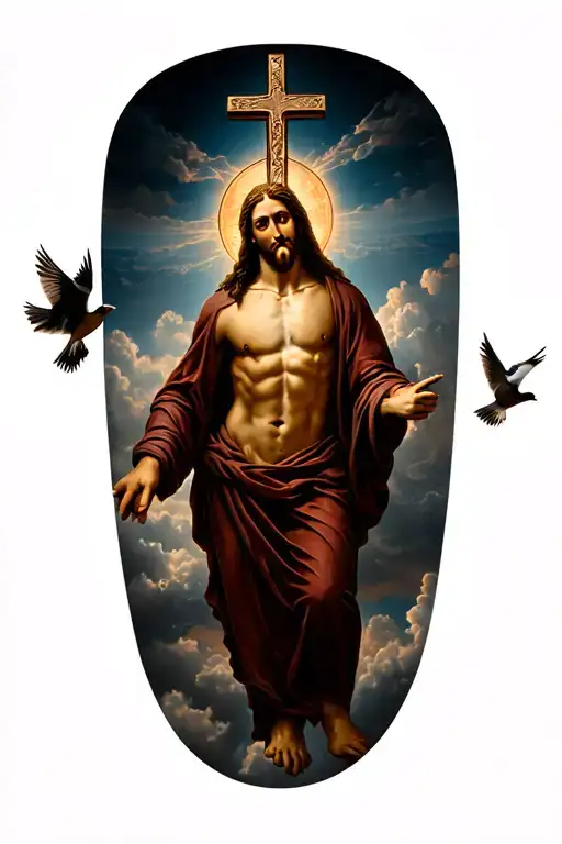 Cross Necklace Around Jesus And Birds Flying Around The Clouds Surrounding Him