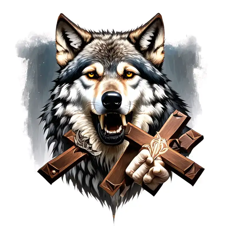 Wolf Holding A Cross In Mouth