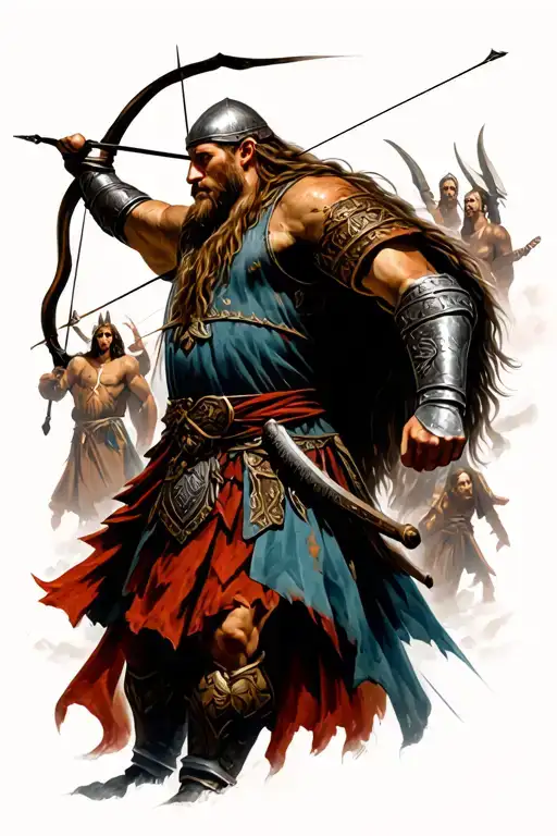 Viking Warrior Wielding A Bow With The Gods In The Background