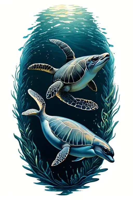 Sea Turtle And Dolphin Swimming Together