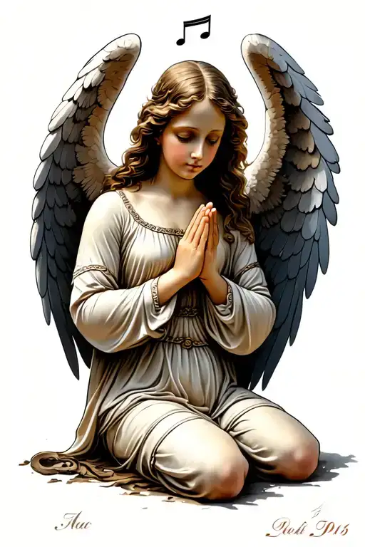 Angel On Knees Praying With Music Note And Date