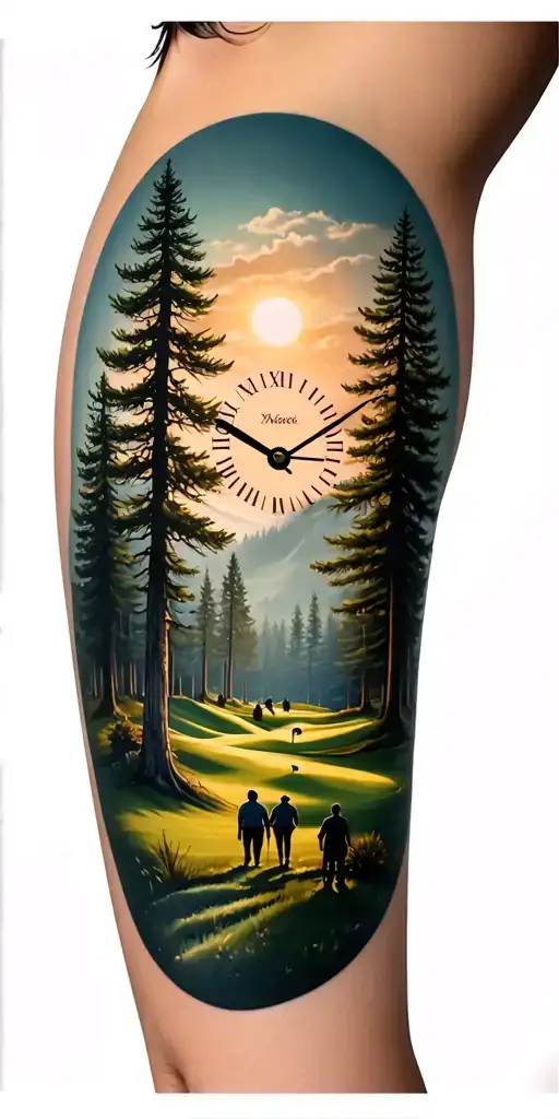 Pine Forest Scene And Family On Golf Course And Ansel Adams And Sun Clock
