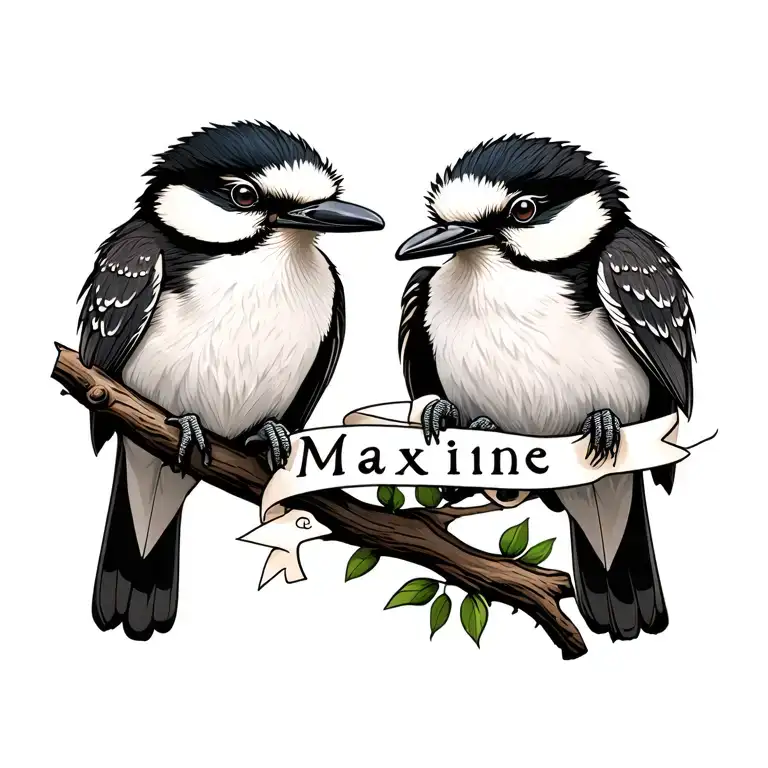 Two Kookaburras Sitting On A Branch Holding A Strand Of Ribbon With The Name Maxine