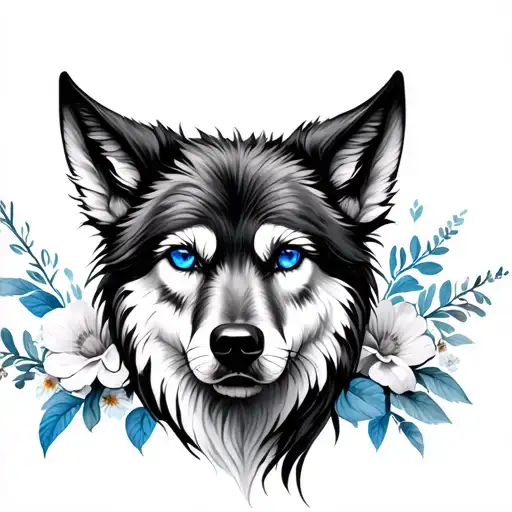 Fenrir With Background Flowers And Blue Eyes In B&w
