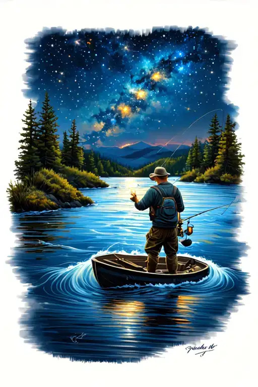A Guy Fishing With Stary Night Sky On A River Flowing