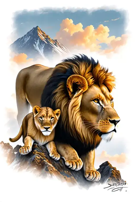 A Father Lion Looking Over His Baby Lion On A Mountain