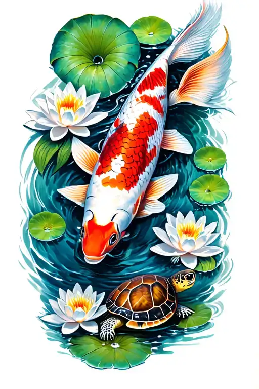 A Koi Fish And A Turtle Swimming With 5 Water Lilly