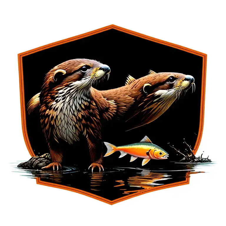 Nature Scene With Otter Hawk And Salmon