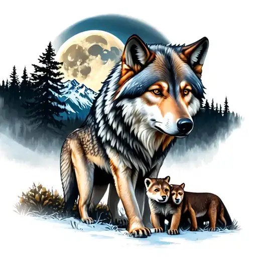 Full Body Wolf Protecting Cubs With Trees Mountains And Moon In Back