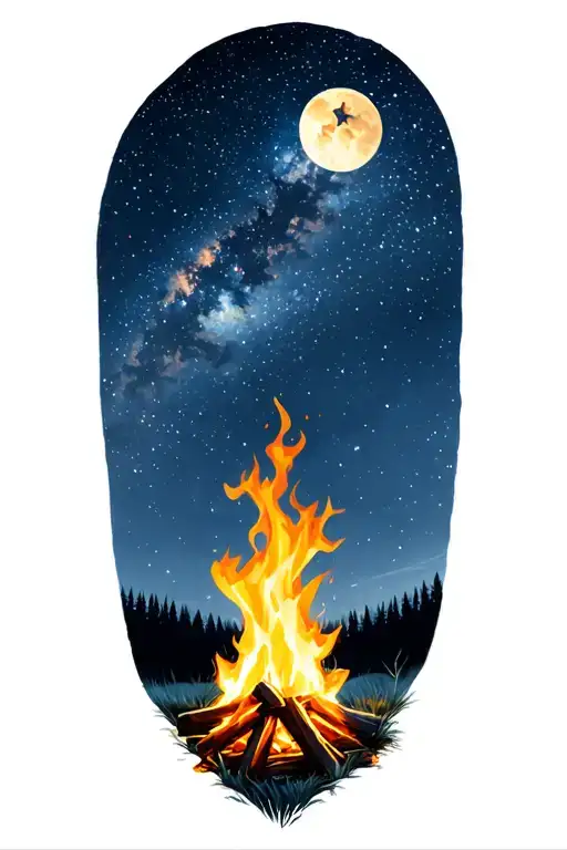 Campfire And Night Sky Filled With Stars
