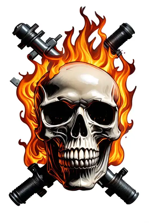 Burning Skull Assembled On A Package Rod Of An Engine