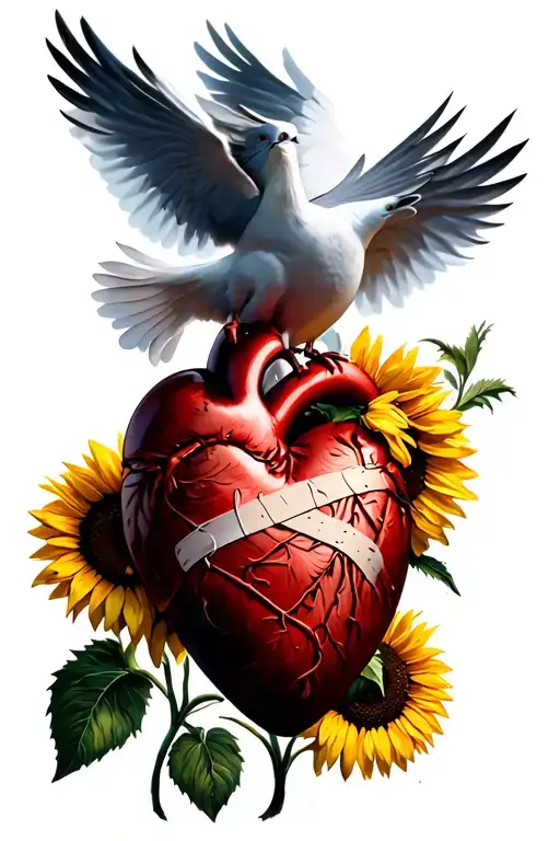 Orange Heart With Bandages On It And Doves And Sunflower