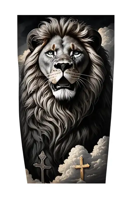 Lion And 3 Crosses With Bible Verse And Clouds