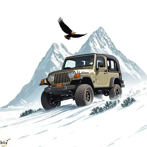 Mountain Scene With A Jeep Driving With Eagle Flying