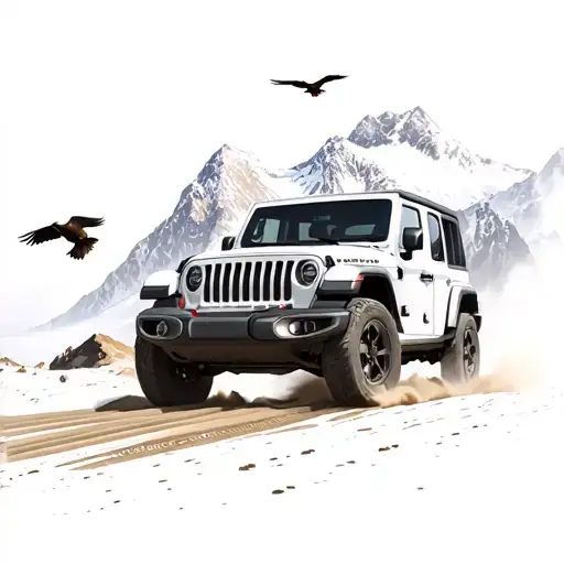 Mountain Scene With A Jeep Wrangler 2008 Driving With Eagle Flying
