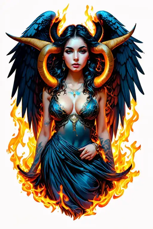 Aries Zodiac Sign Sexy Female Wings Surrounded By Fire