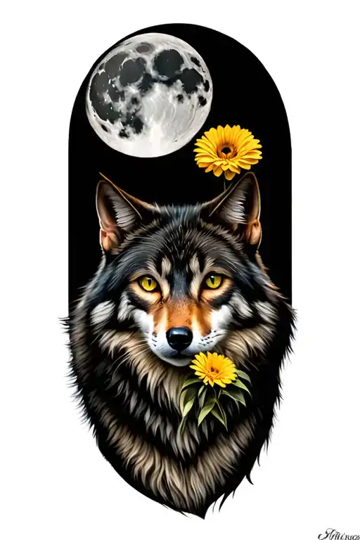 Wolf With Cat Under Full Moon And Yellow Gerbera